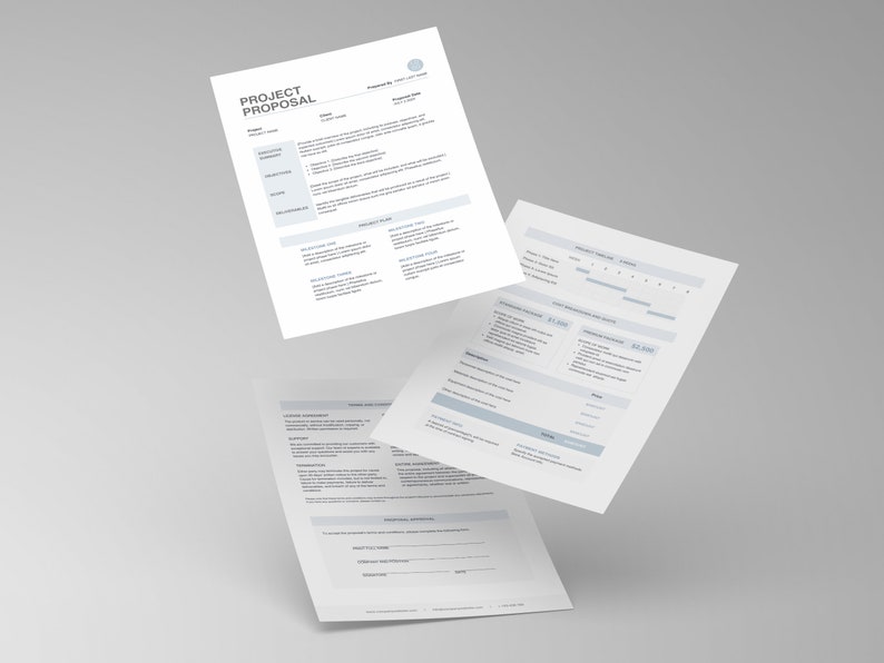 May include: A project proposal template with sections for project overview, project plan, deliverables and milestones, timeline and budget. The template is designed to help businesses create professional proposals.