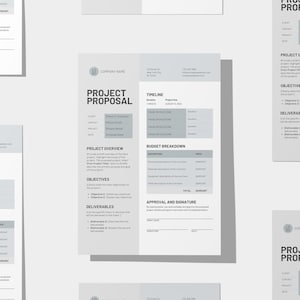May include: A project proposal template with a grey and white colour scheme. The template includes sections for project overview, objectives, deliverables, timeline, budget breakdown, and approval and signature. The template is designed to help businesses create professional and effective project proposals.