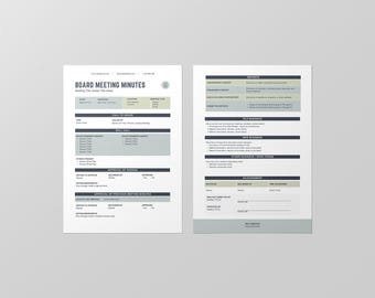 May include: Two-page document titled "Board Meeting Minutes" with a light gray and green color scheme. The document includes sections for agenda, roll call, reports, and old/new business. The text is in a sans-serif font.