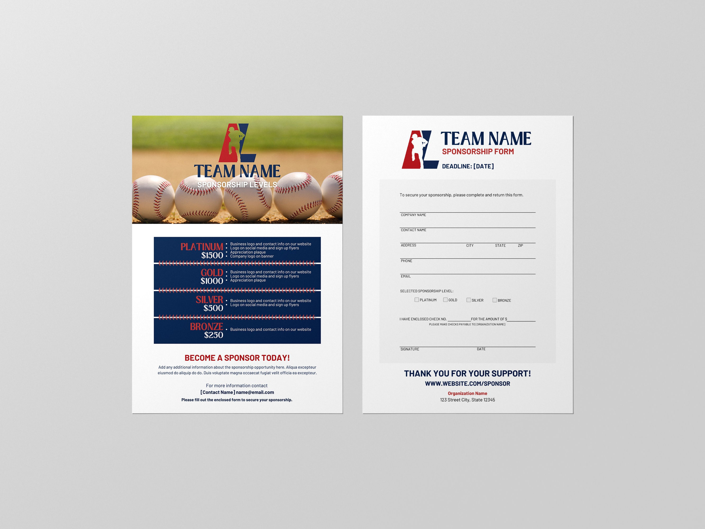 Baseball/Softball Sponsorship | Sports Team Sponsorship Package Template | Customizable Editable Two-Page, Form Included | Canva Template