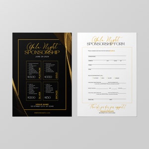 May include: A black and gold sponsorship form for a gala night event. The form includes a sponsorship level chart with prices for Platinum, Gold, Silver, and Bronze levels. The form also includes a section for sponsor information, contact details, and payment information. The text on the form reads "Gala Night Sponsorship Form" and "Thank you for your support!"