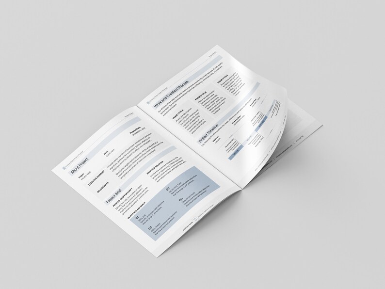 Puede incluir: Un documento de dos p&aacute;ginas con el t&iacute;tulo "About Project" y "Work and Deliverables" en las p&aacute;ginas izquierda y derecha respectivamente. El documento contiene texto y tablas con informaci&oacute;n sobre el proyecto.