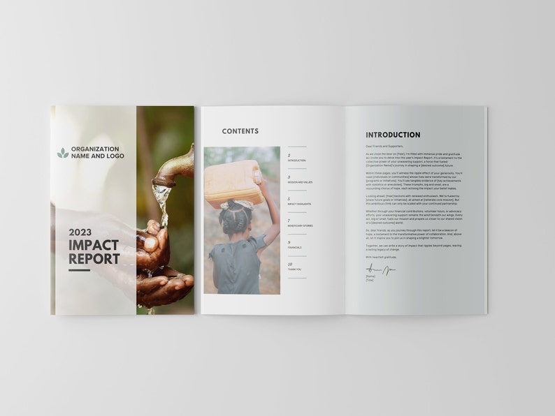 May include: 2023 Impact Report cover with a green leaf logo, the organization name, and a photo of a person carrying a bucket of water. The text "2023 Impact Report" is in bold, black text.