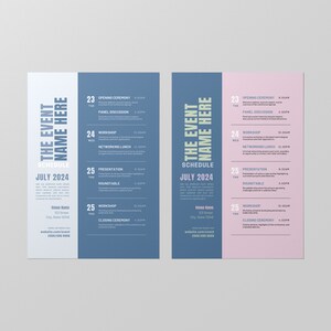 Puede incluir: Un programa de eventos azul y rosa para "The Event Name Here" en julio de 2024. El programa incluye eventos como una ceremonia de apertura, una mesa redonda, un taller, un almuerzo de networking, una presentaci&oacute;n, una mesa redonda y una ceremonia de clausura.