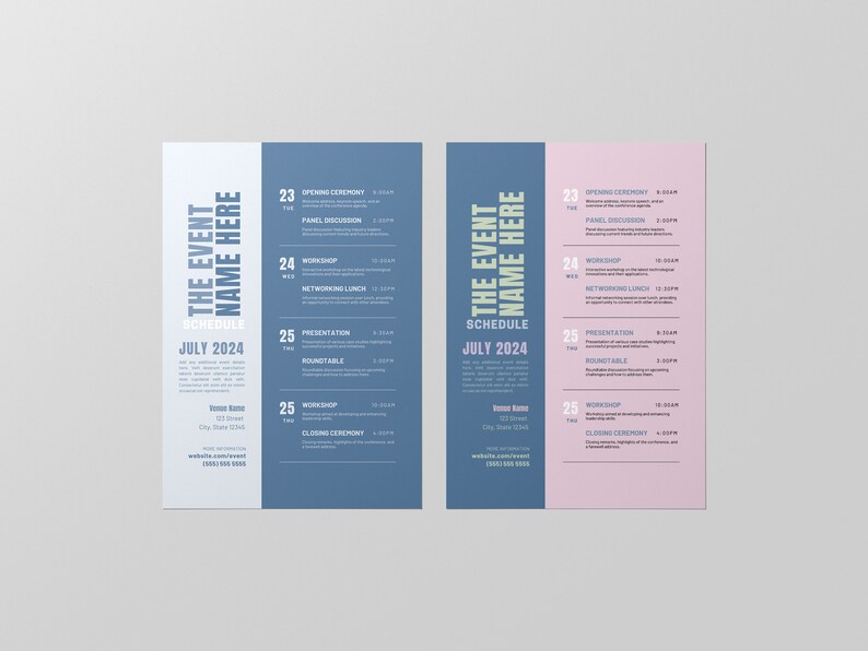 Puede incluir: Un programa de eventos azul y rosa para "The Event Name Here" en julio de 2024. El programa incluye eventos como una ceremonia de apertura, una mesa redonda, un taller, un almuerzo de networking, una presentaci&oacute;n, una mesa redonda y una ceremonia de clausura.