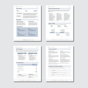 Puede incluir: Un documento de cuatro p&aacute;ginas que describe una propuesta de proyecto. El documento incluye secciones para "Acerca del proyecto", "Proceso de trabajo y creaci&oacute;n", "Paquetes de oferta", "Desglose del presupuesto", "T&eacute;rminos y condiciones" y "Aceptaci&oacute;n de la propuesta y el presupuesto".