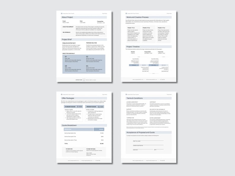 Puede incluir: Un documento de cuatro p&aacute;ginas que describe una propuesta de proyecto. El documento incluye secciones para "Acerca del proyecto", "Proceso de trabajo y creaci&oacute;n", "Paquetes de oferta", "Desglose del presupuesto", "T&eacute;rminos y condiciones" y "Aceptaci&oacute;n de la propuesta y el presupuesto".
