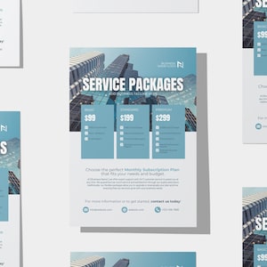 May include: A blue and white flyer with a cityscape background advertising service packages for businesses. The flyer lists three packages: Basic, Standard, and Premium, with corresponding prices of £99, £199, and £299. The flyer also includes a tagline: "Add Business Tagline Here".