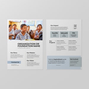 Sjabloon voor non-profitorganisatie met één pieper | Aanpasbare organisatie-informatieblad | Samenvatting van één pagina (inclusief voor- en achterkant)