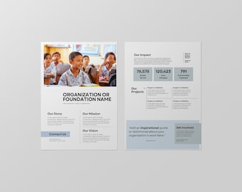 One Pager Nonprofit Organization Template | Customizable Org Fact Sheet | One Page Summary (includes front and back)