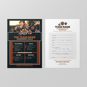 Puede incluir: Un formulario de patrocinio negro y naranja para un equipo deportivo. El formulario incluye una tabla de niveles de patrocinio con los niveles Platino, Oro, Plata y Bronce. El formulario también incluye una sección para la información de contacto del patrocinador y una sección para la información de pago del patrocinador. El formulario se titula "Formulario de patrocinio del equipo".