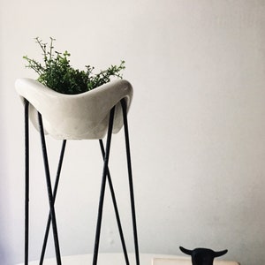 May include: A white ceramic planter with a unique curved design sits on a black metal stand with a triangular base. The planter is filled with green plants and the stand is on a white surface.