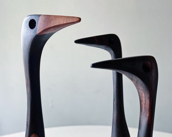 Impressive Sculpture Carved Brazilian Rosewood Bird Set Handmade Vintage Mid Century Abstract Cocobolo