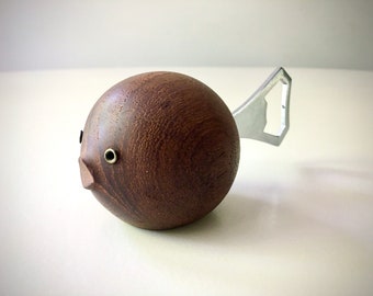 Iconic HAJ Design Puffer Fish bottle opener Teak Denmark Danish Wood