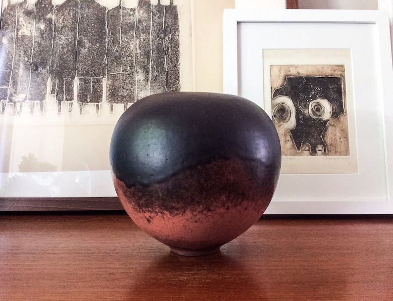 Copper Red Glaze Sphere Weedpot Vase Studio Pottery Signed Art Vintage Mid Century Germany Earth Tones Raku Modern image 4