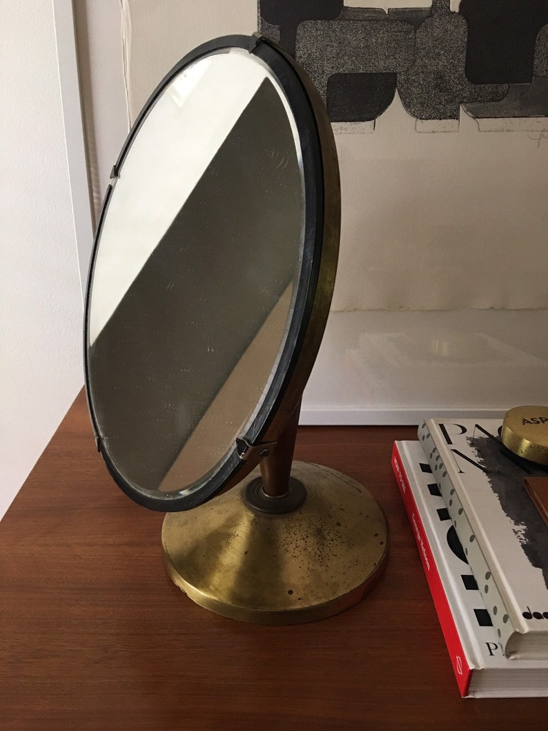 Exceptional French Vanity Mirror Wood and Brass Table mirror circa 1940 swivel image 5