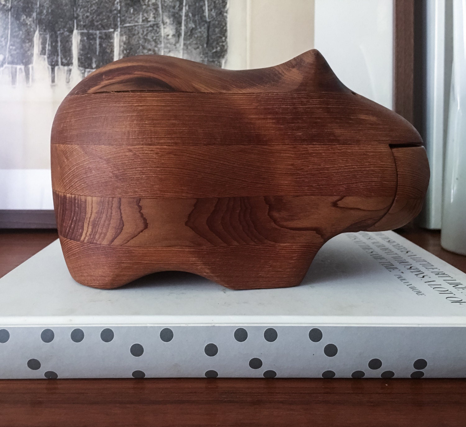 Boîte à Bijoux Ancienne En Bois Sculpté Hippopotame Deborah D Bump - Pièce Vintage Des Années 1970, Fabriquée Aux USA