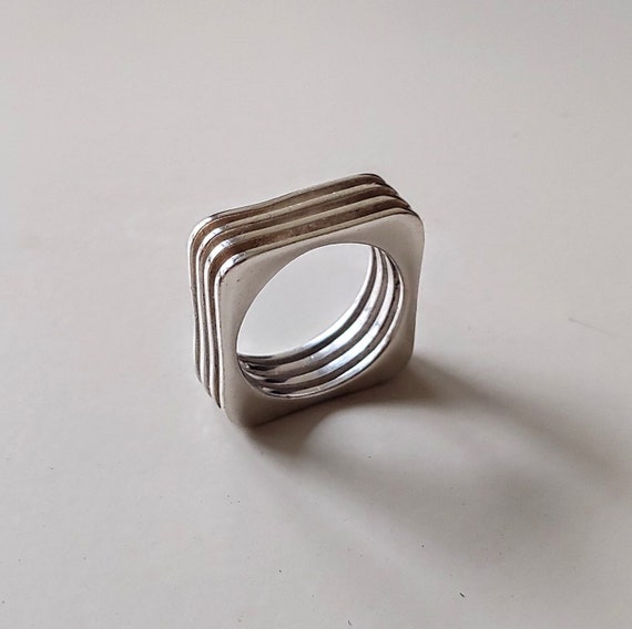Architectural Art Deco Ring Band Silver Midcentury Modern View 4