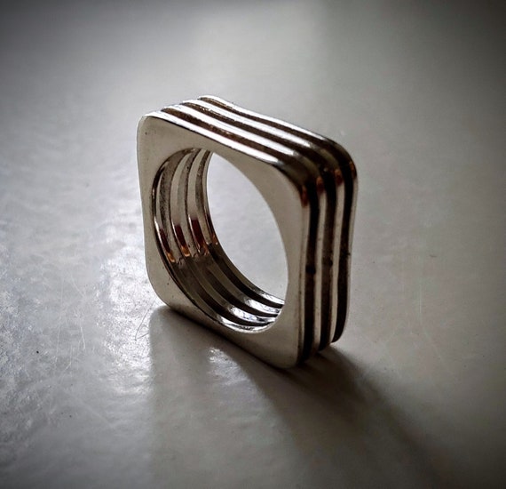 Architectural Art Deco Ring Band Silver Midcentury Modern View 5