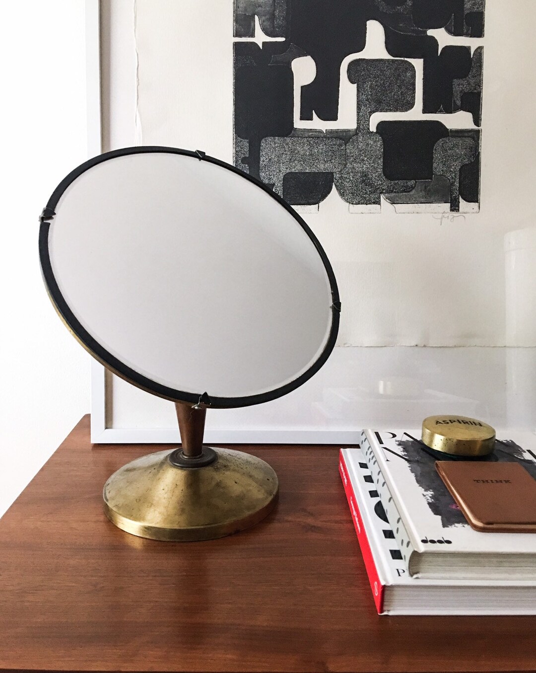 Exceptional French Vanity Mirror Wood and Brass Table Mirror Circa 1940