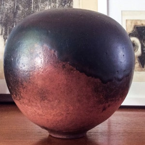 Copper Red Glaze Sphere Weedpot Vase Studio Pottery Signed Art Vintage Mid Century Germany Earth Tones Raku Modern image 2