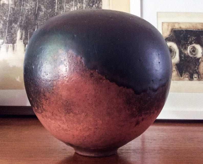 Copper Red Glaze Sphere Weedpot Vase Studio Pottery Signed Art Vintage Mid Century Germany Earth Tones Raku Modern image 2