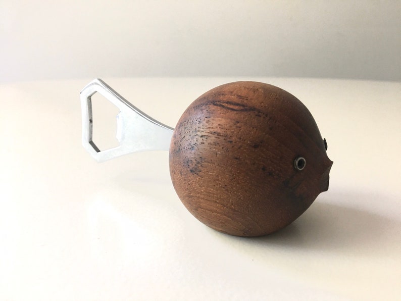 Iconic HAJ Design Puffer Fish bottle opener Teak Denmark Danish Wood image 3