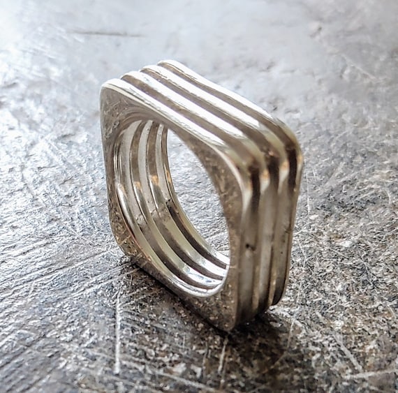 Architectural Art Deco Ring Band Silver Midcentury Modern