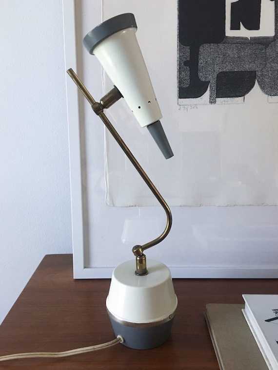 Colorblock Brass, Gray, White Lamp Vintage Midcentury Stilnovo Sarfatti Arteluce Table Desk Cone Colorblock Brass, Gray, White Lamp Vintage Midcentury Stilnovo Sarfatti Arteluce Table Desk Cone