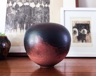 Copper Red Glaze Sphere Weedpot Vase Studio Pottery Signed Art Vintage Mid Century Germany Earth Tones Raku Modern