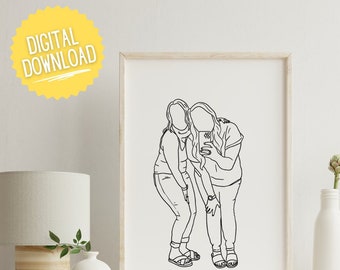 DIGITAL DOWNLOAD: Personalized drawing, 2 people, custom portrait, line drawing, faceless portrait, simplistic drawing, wall art