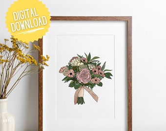DIGITAL DOWNLOAD: Custom bouquet drawing, wedding bouquet, line drawing, color drawing, flowers, floral arrangements, wedding