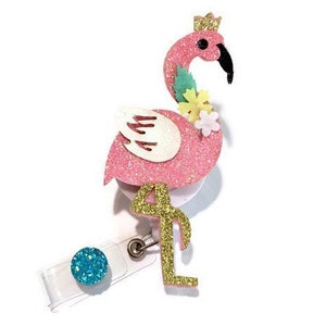 Glitter Flamingo Retractable ID Badge Holder - Felt Badge Reel - Nurse Badge Holder - Feltie Badge Pull