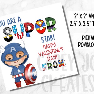 Captain America Valentine's Day Printable Tags, Gift Tag, Valentines Cards, Kids Valentine, DIY Printable Valentine, Superhero