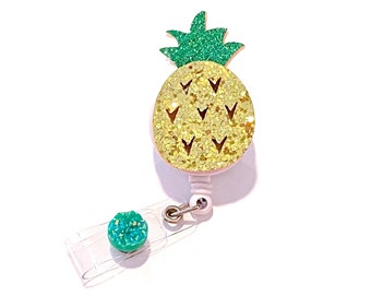 Glitter Pineapple Retractable ID Badge Holder - Felt Badge Reel - Nurse Badge Holder - Feltie Badge Pull