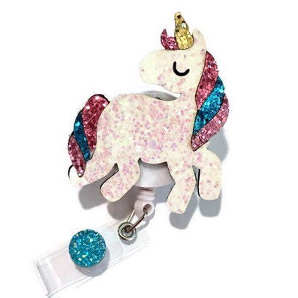 Glitter Unicorn Retractable ID Badge Holder - Felt Badge Reel - Nurse Badge Holder - Feltie Badge Pull