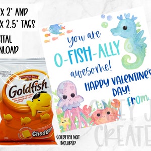 Goldfish Oficially Awesome Valentine&#39;s Day Printable Tags, Gift Tag, Fish Valentines Cards, Kids Valentine, DIY Printable Valentine