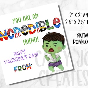 Hulk Valentine's Day Printable Tags, Gift Tag, Valentines Cards, Kids Valentine, DIY Printable Valentine, Superhero