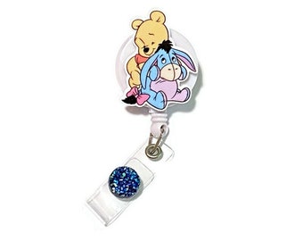 Winnie the Pooh and Eeyore Retractable ID Badge Reel - Resin Planar Badge Holder - Nurse Badge Pull - Children’s - Pediatric