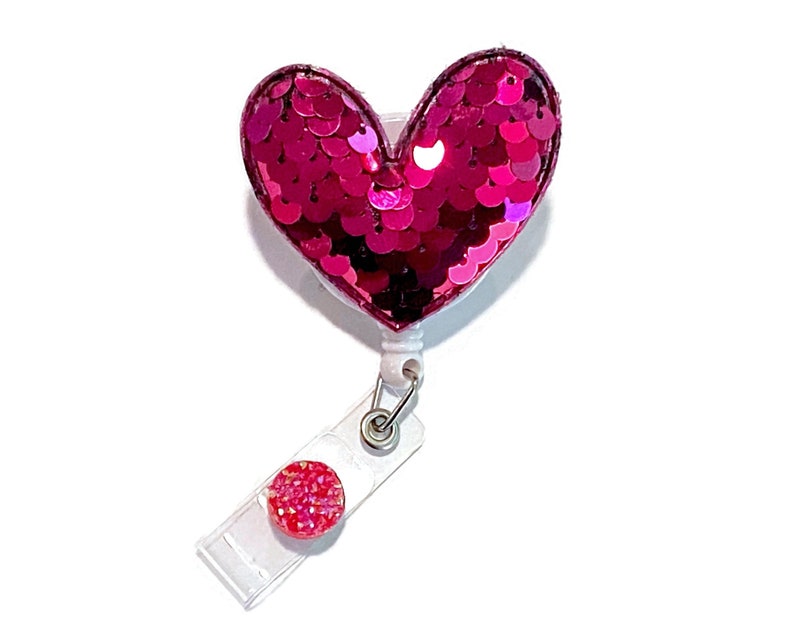 Clinic Badge Reel Hot Pink Sequin Heart Retractable ID Badge Holder Gift Doctor Nurse Pharmacist Nursing