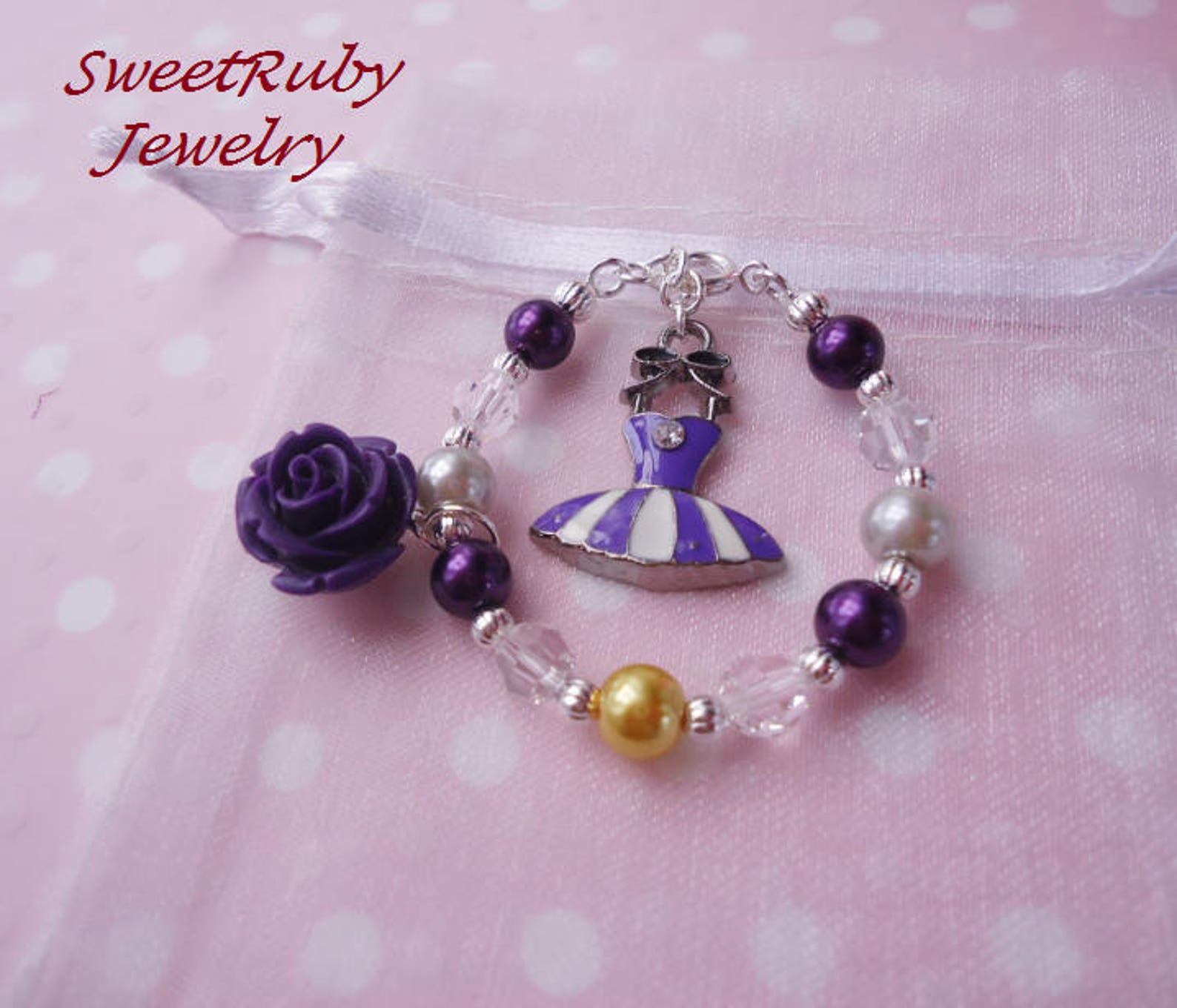 initial dance/ballet tutu bracelet & chain necklace set - blue, purple, green tutu, yellow shoes - dance performance - w/ a gift