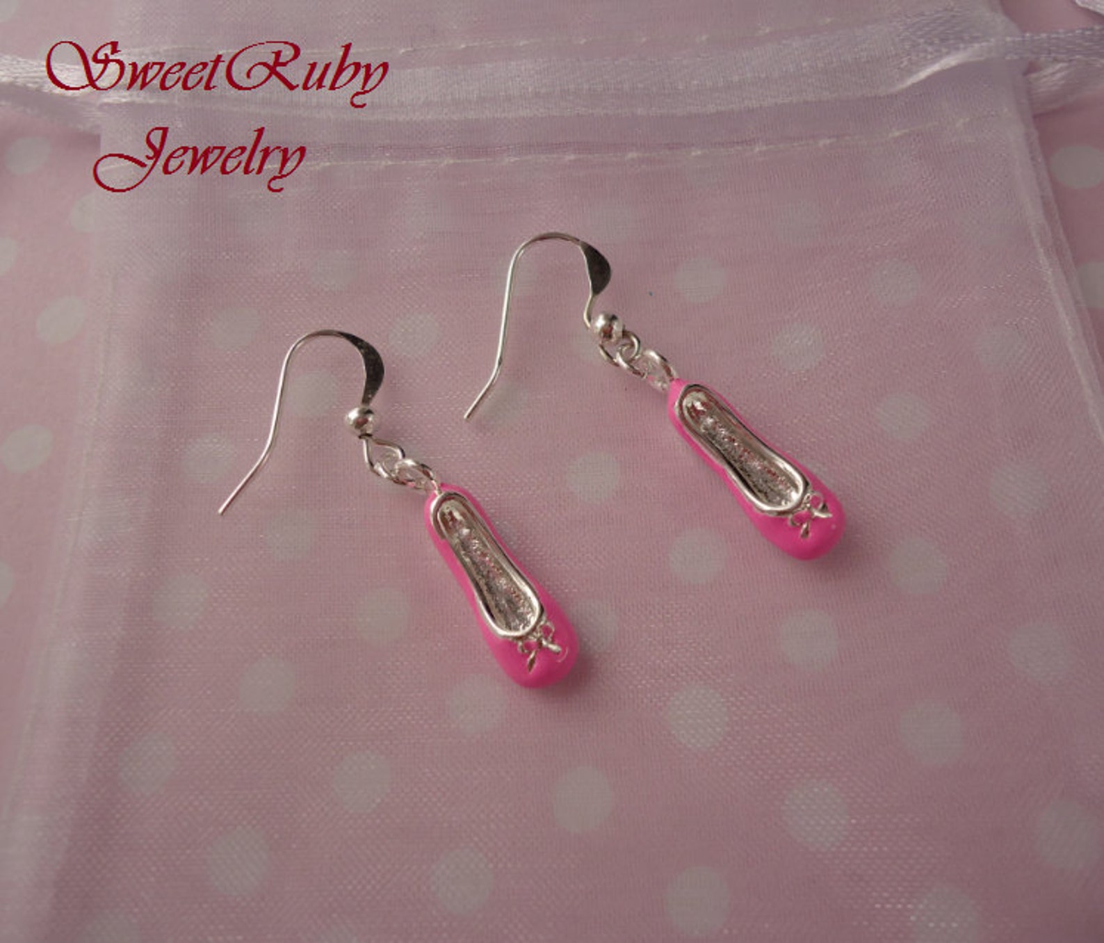 pink enamel dance shoe / ballet shoe dangle earrings - 925/10 silver filled earring wires - dance earrings/ballet earrings - dan
