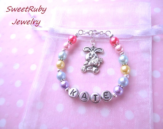 Personalised Name Easter Bunny Sparkly Pearl Stretch Bracelet