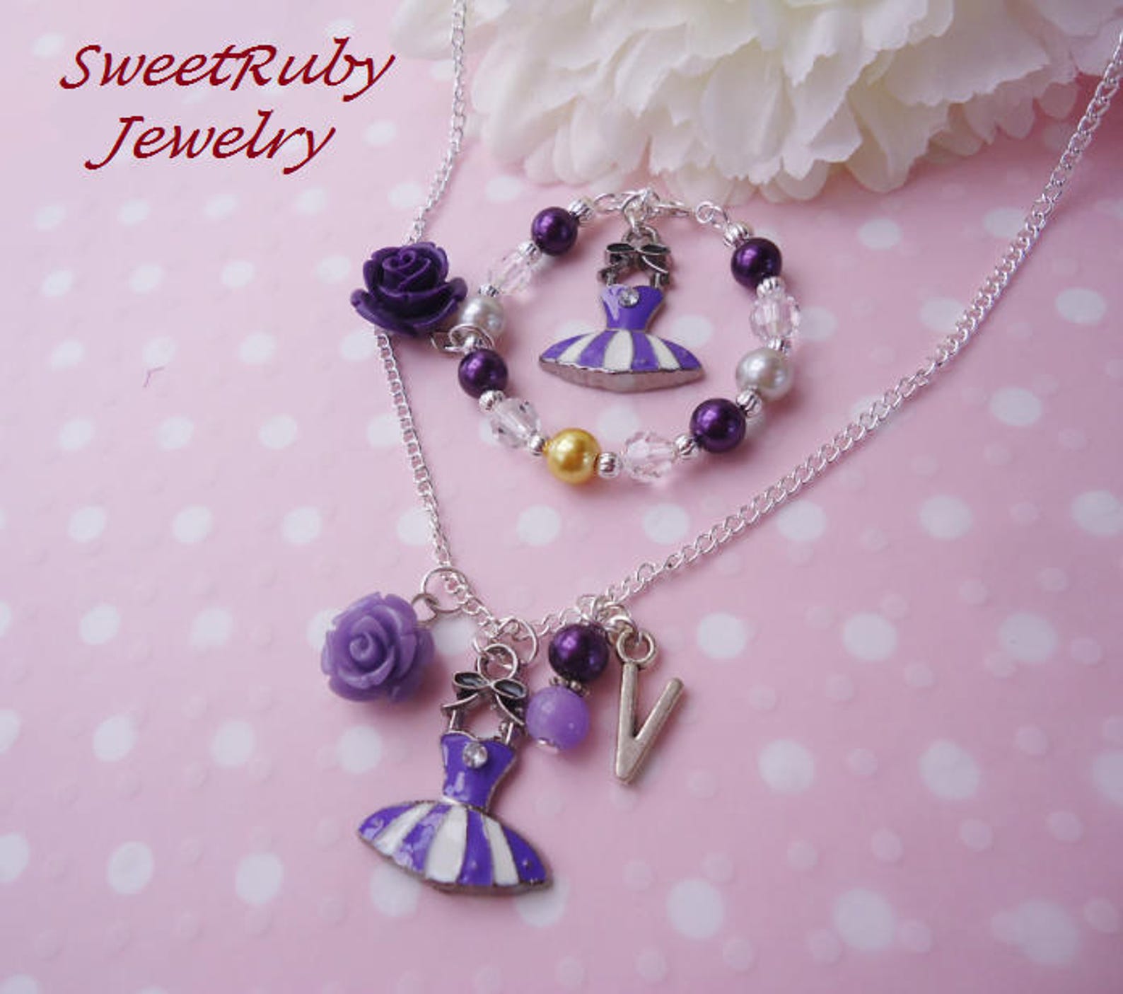 initial dance/ballet tutu bracelet & chain necklace set - blue, purple, green tutu, yellow shoes - dance performance - w/ a gift