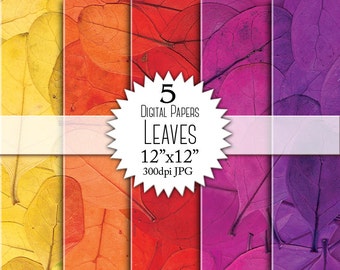 Scrapbooking digital paper. Paper pack. 12"x12". 300 dpi JPG. Leaves. Botanical texture. Botanical background. Print ready paper stock.