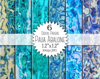Paper "PAUA ABALONE" for scrapbooking. Abalone shell texture, pattern. Blue, green, aqua, abalone digital paper pack.