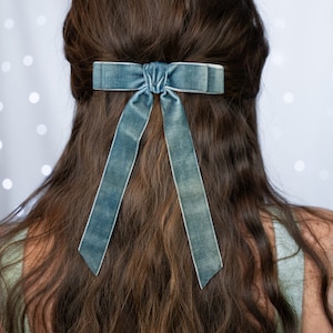 Skinny Velvet Ribbon Hair Bow Clip with Tails