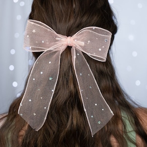Pink Sparkle Star Princess Tulle Lace Ribbon Hand Tied Sailor Bow with Tails