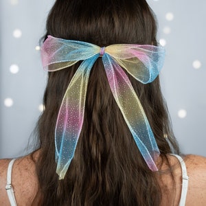 LGBTQ Pride Rainbow Sparkle Tulle Lace Ribbon Hand Tied Sailor Bow with Tails