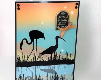 Safari birds - Handmade greetings card with birds silhouette image, safari card, heron, flamingo, crane, Sit Back and Relax, Code: SA09